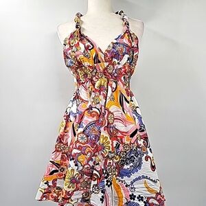 Aman Boho Smocked Empire Waist Vneck Halter Fit&Flare Mini Dress or‎ Tunic Y2K